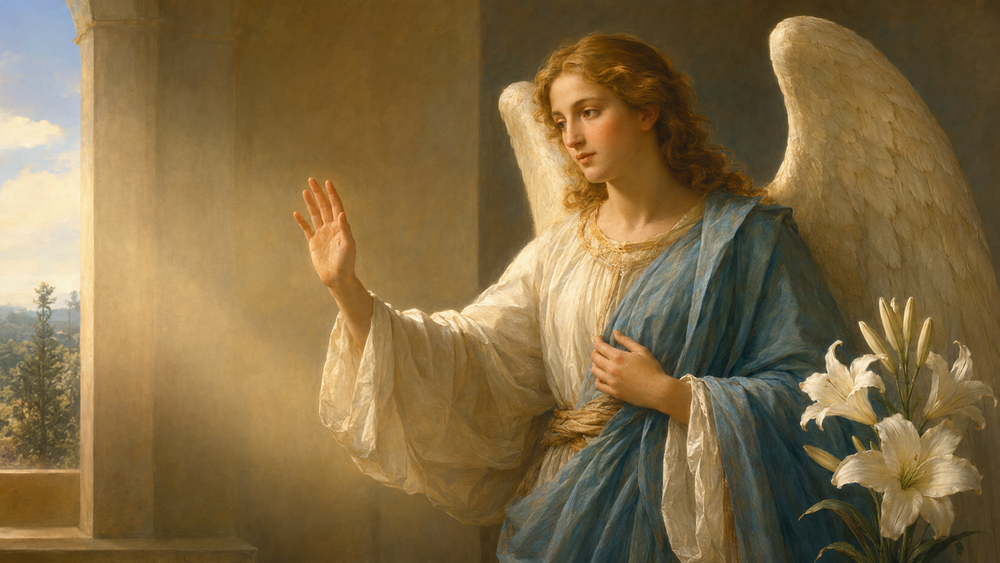 Archangel Gabriel at the Annunciation, original editorial illustration by Boski Blask