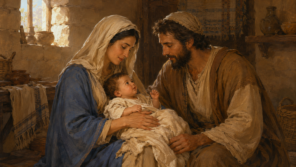 Original editorial illustration of Mary, Saint Joseph and the infant Jesus in a peaceful first-century home