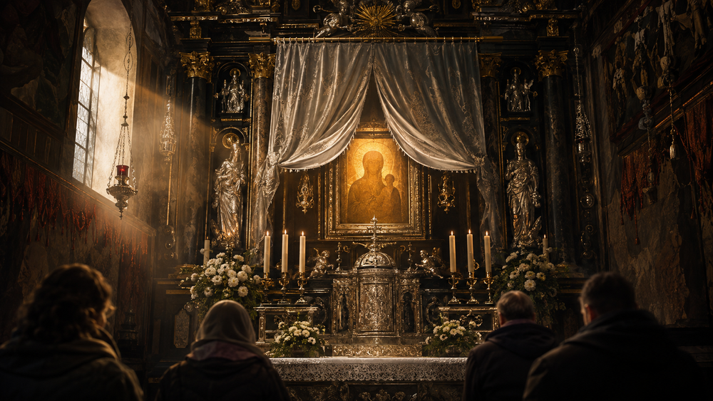 Symbolic illustration of the ceremonial unveiling of the Jasna Góra Marian icon