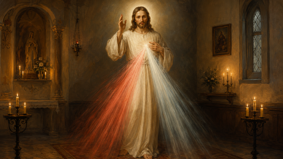 Original editorial illustration of Divine Mercy Jesus with red and pale rays in a candlelit chapel