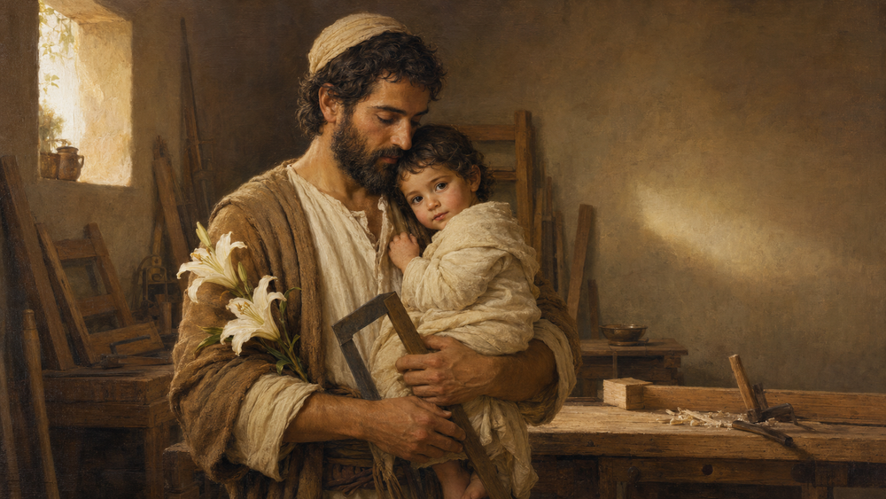 Saint Joseph holding the Child Jesus in a carpenter’s workshop with lilies and a carpenter’s square