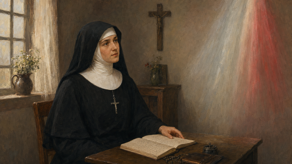 Original editorial illustration inspired by Saint Faustina Kowalska writing her Diary in a 1930s convent