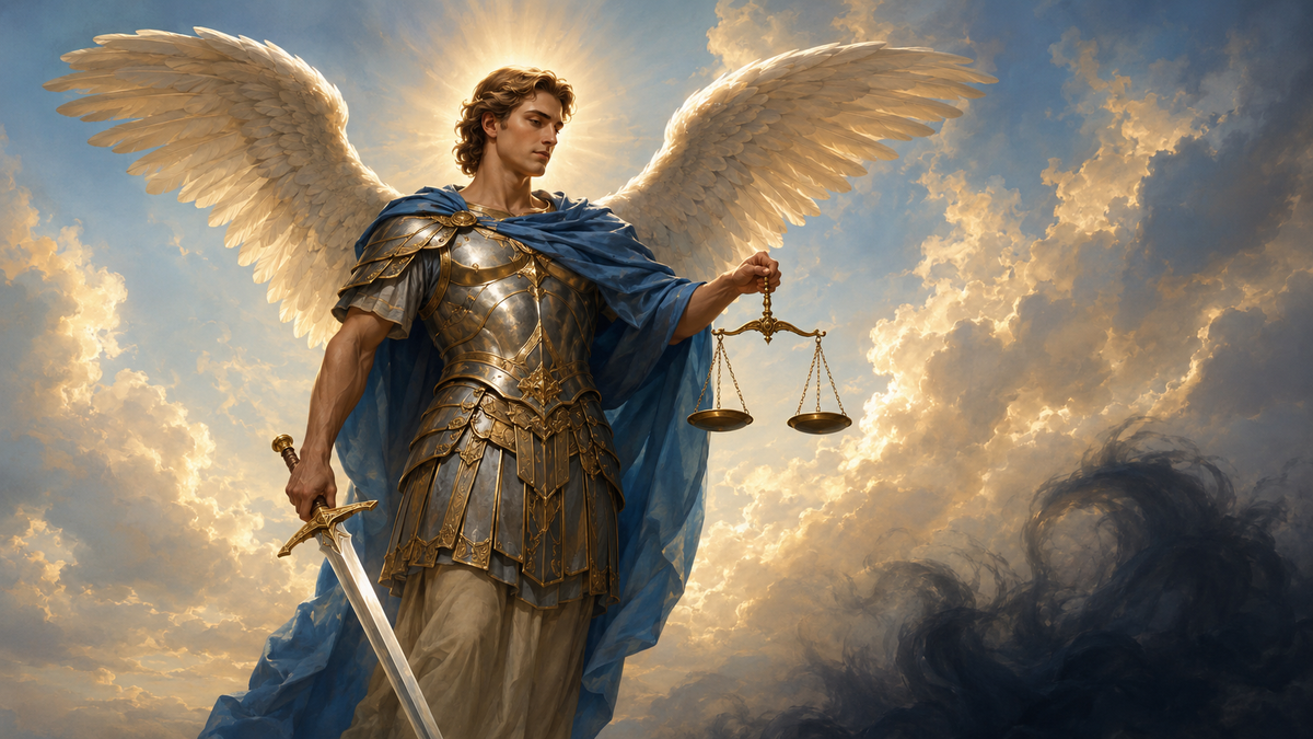Saint Michael the Archangel with a lowered sword and scales, original editorial illustration by Boski Blask