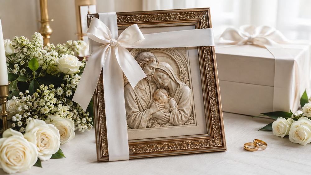 Framed Holy Family artwork wrapped as a meaningful Catholic wedding gift
