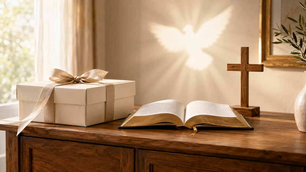 Meaningful Catholic Confirmation gift with a Bible, wooden cross and symbol of the Holy Spirit