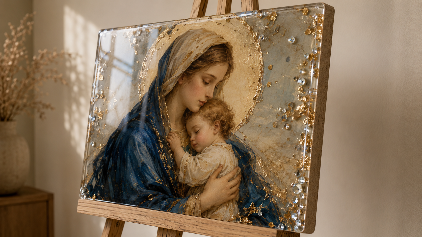 3D religious wall art on MDF with a glossy epoxy resin finish, gold flakes and crystal details