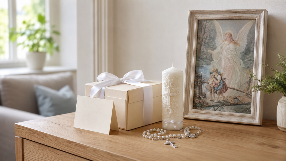 Catholic baptism gift with a Guardian Angel image, candle and rosary