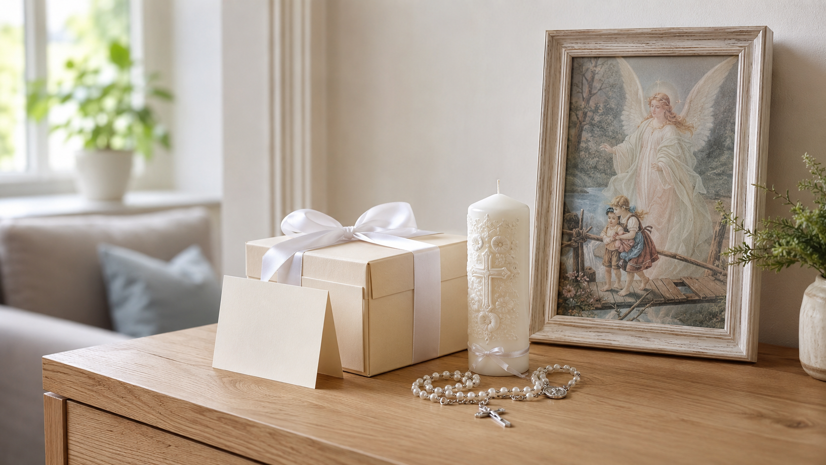 Catholic baptism gift with a Guardian Angel image, candle and rosary