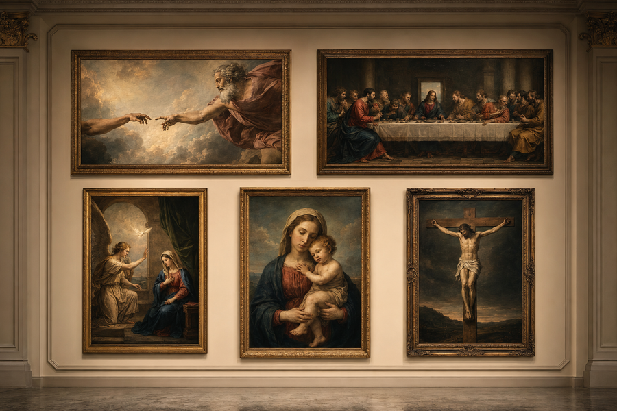 Gallery of famous religious paintings showing Creation, the Last Supper, the Annunciation, Madonna and Child, and the Crucifixion