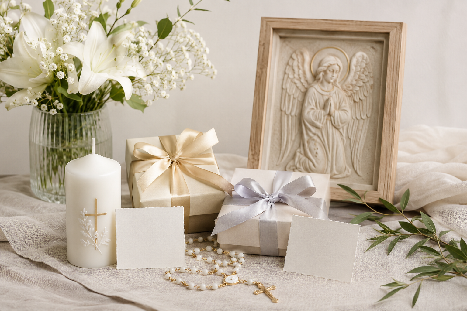 Baptism thank-you gifts for a godmother and godfather with an angel image, candle and rosary
