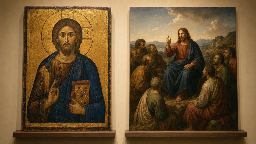 Byzantine-inspired icon of Christ beside a naturalistic Western religious painting