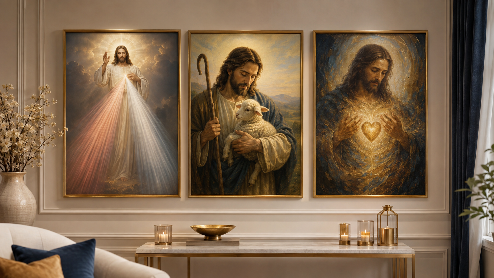 Three images of Jesus representing Divine Mercy, the Good Shepherd and the Sacred Heart