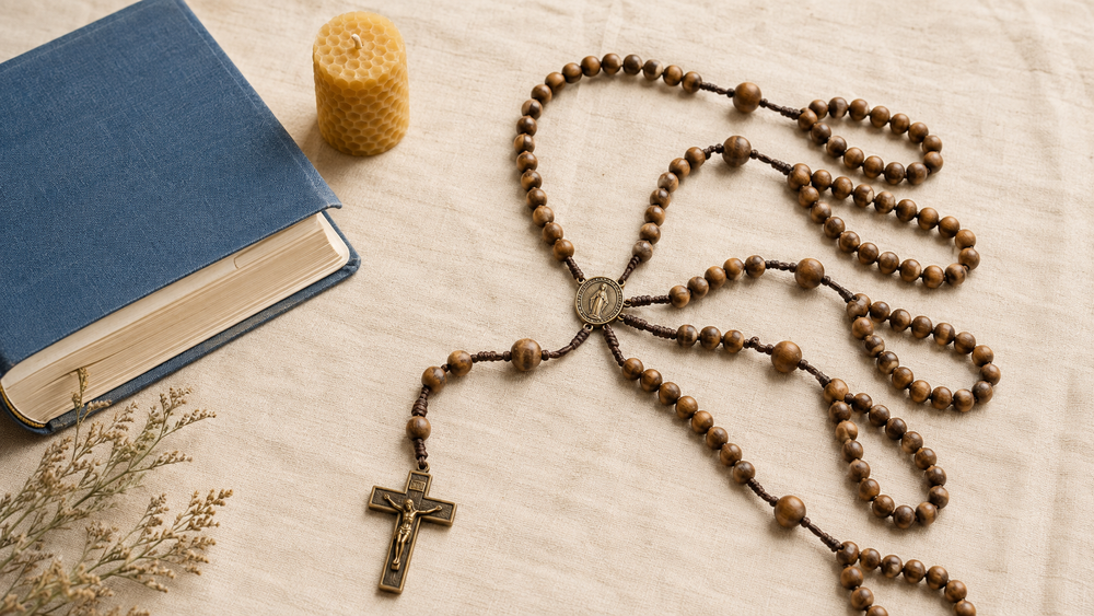 Wooden Rosary beside a Bible and candle for a step-by-step prayer guide