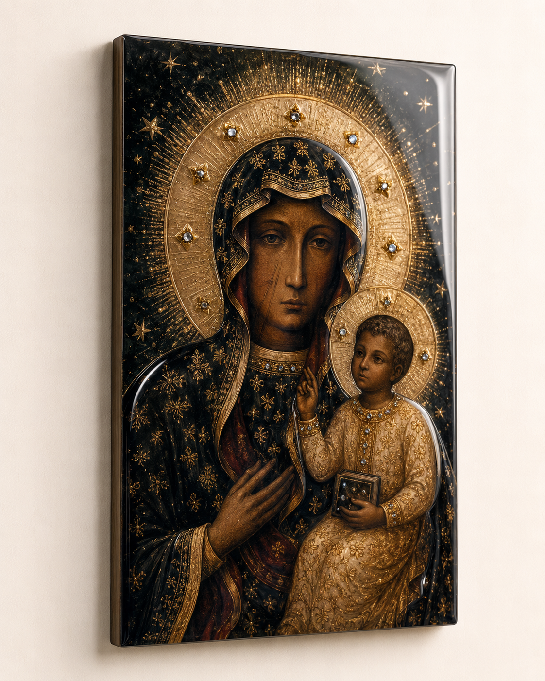 Our Lady of Częstochowa wall art with epoxy resin, crystals and gold details