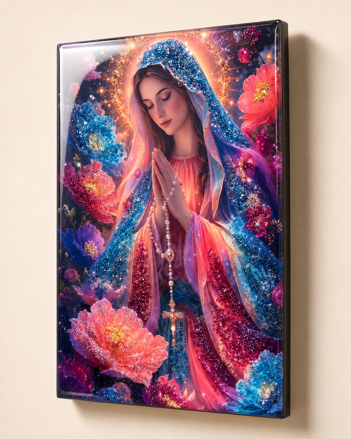 Our Lady of the Rosary in flowers religious wall art