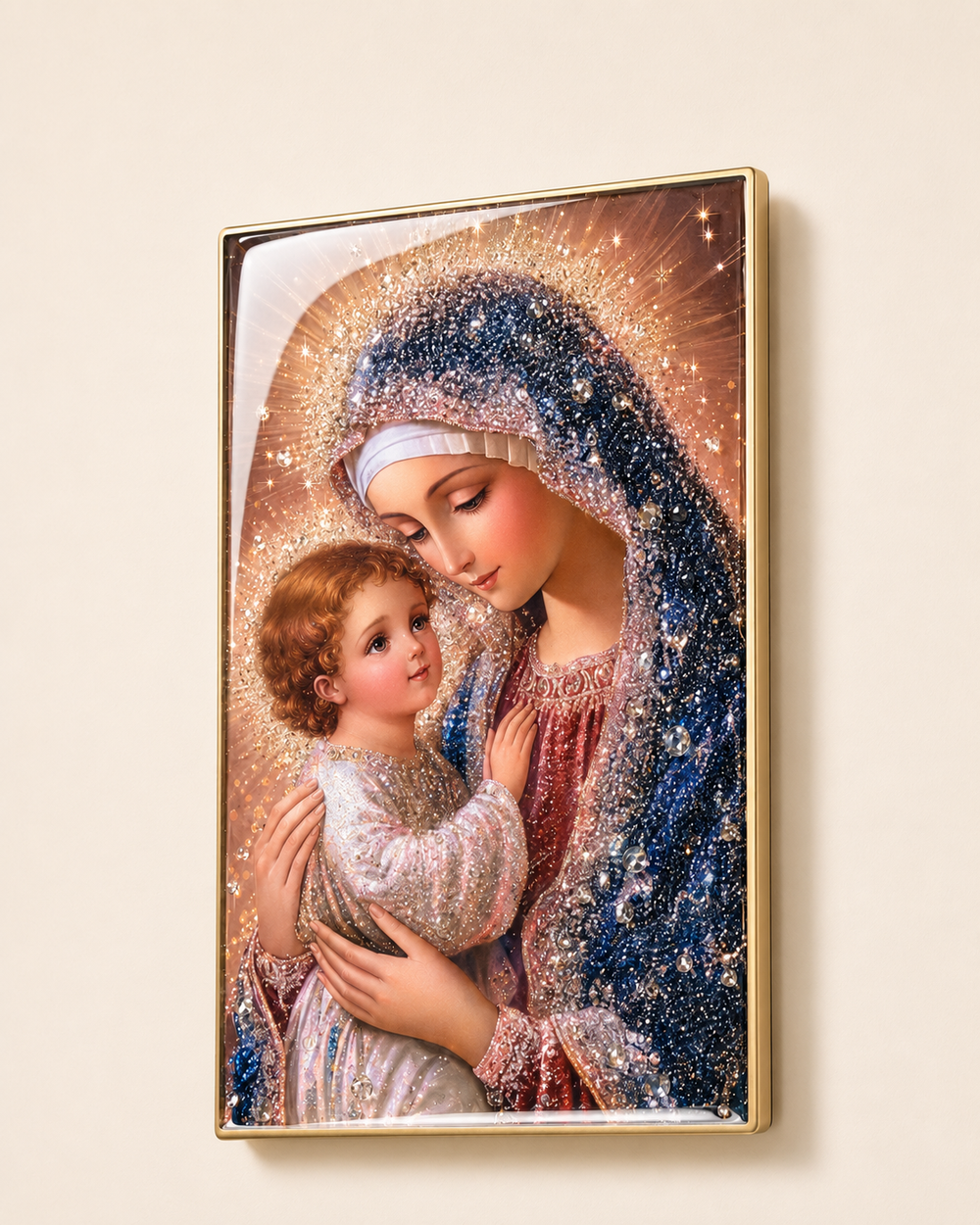 Virgin Mary and Child religious wall art presented as a lasting christening keepsake for a girl