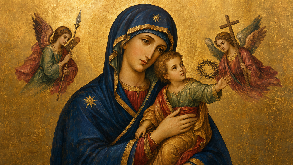 Our Lady of Perpetual Help with the Child Jesus and angels carrying symbols of the Passion