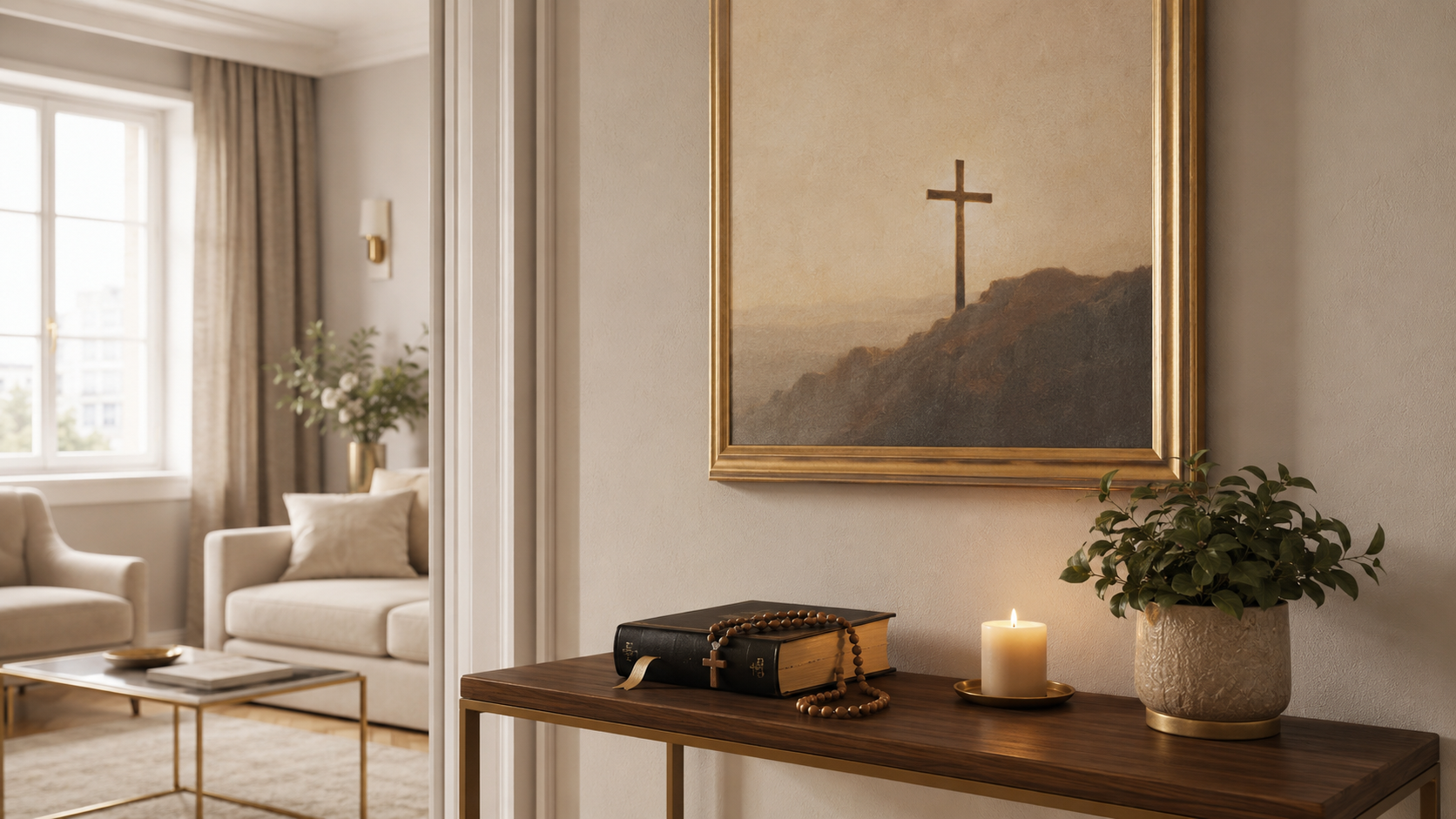 A peaceful prayer corner at home with Christian wall art, a Bible, rosary and candle