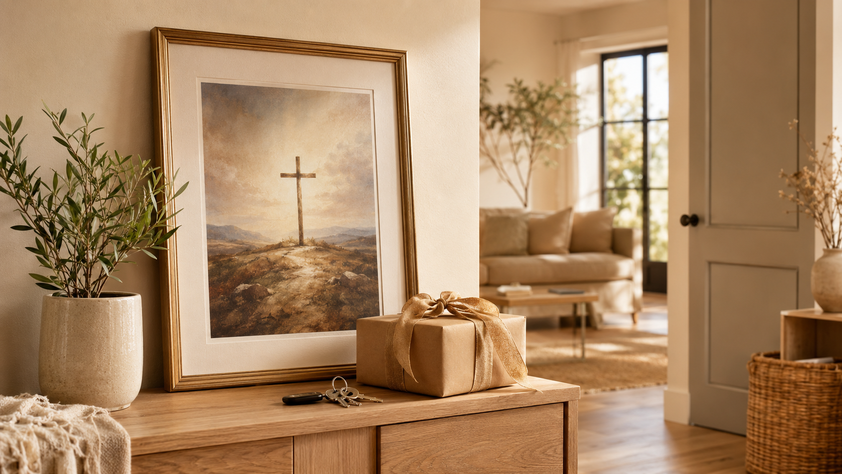 Religious wall art, keys and a wrapped gift for a new home