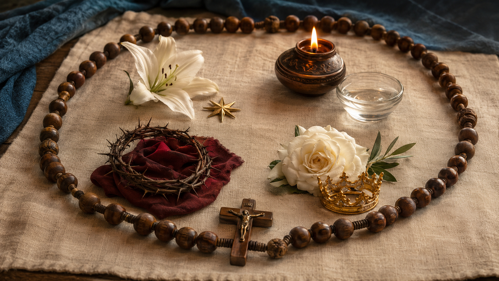Four sets of Rosary mysteries symbolised by a lily, light, a crown of thorns and a crown of glory