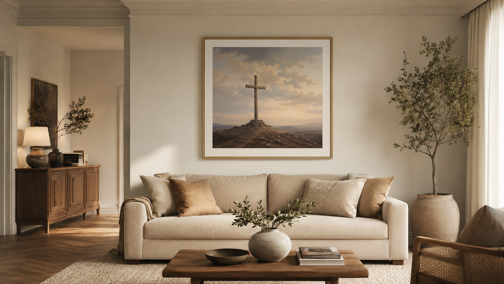Balanced religious wall art placement above a sofa in a modern living room